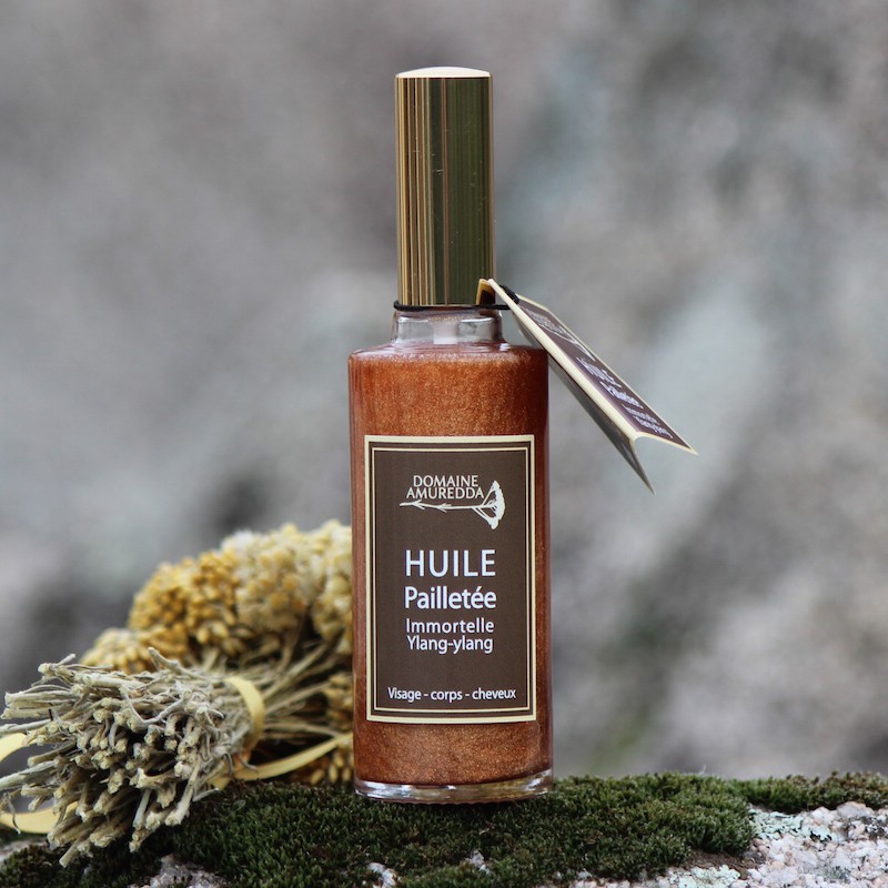 Huile pailletée Immortelle corse Ylang-ylang soin corps visage cheveux